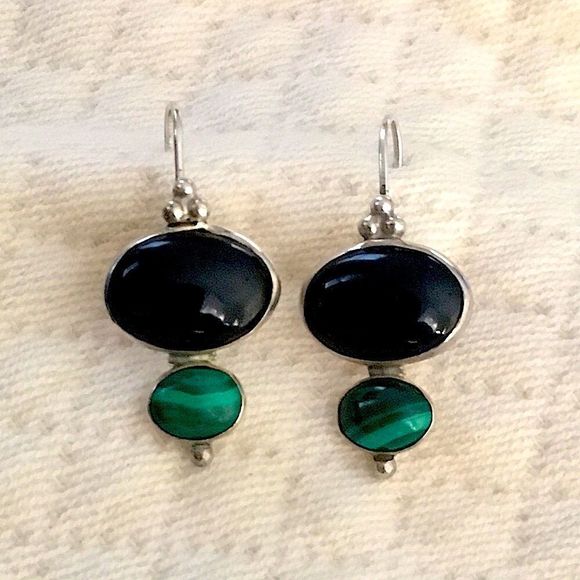 TAXCO Sterling Silver Black Onyx Green Malachite Drop artisan eEarrings